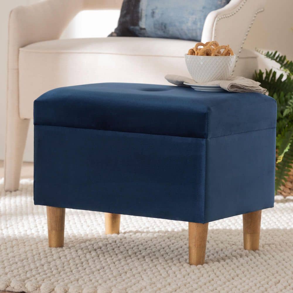 Image showcasing Baxton Studio Elias Navy Blue Velvet Storage Ottoman 256-14053-HD - The ...