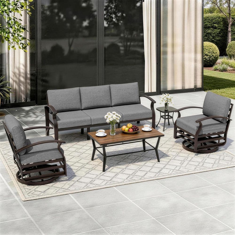 5-Piece Patio Aluminum Conversation Set with Faux Wood Grain DPC Coffee Table, 2 Swivel Rocking Chairs and Gray Cushions price history on PriceWatchPro