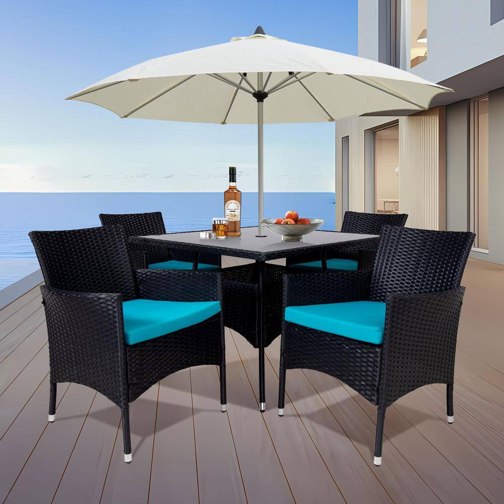 5-Piece Black Wicker Outdoor Dining Set with Lake Blue Cushions and 1.97 in