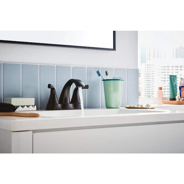 Parkwood 4 in. Centerset Double-Handle Bathroom Faucet with Drain Kit Included in Matte Black