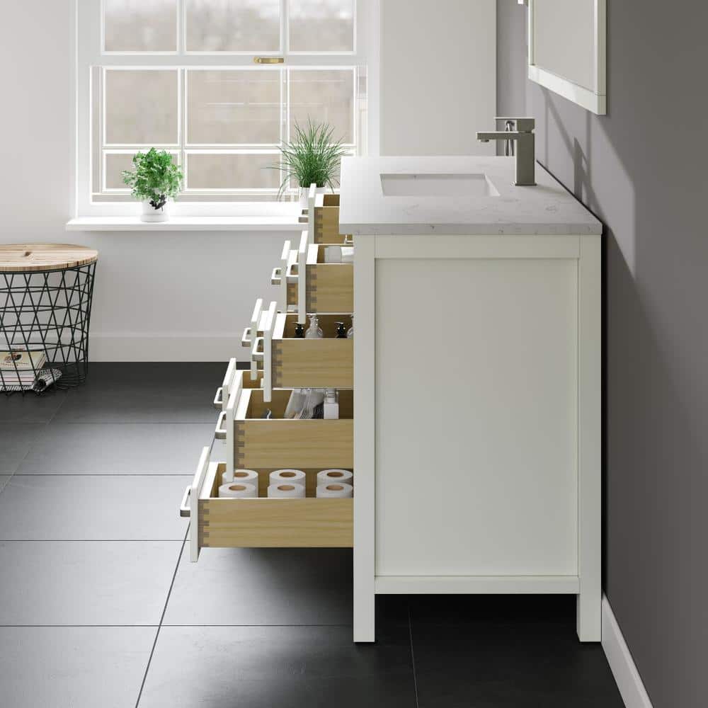 White Solid Wood Bathroom Vanity with Carrara Quartz Countertop
