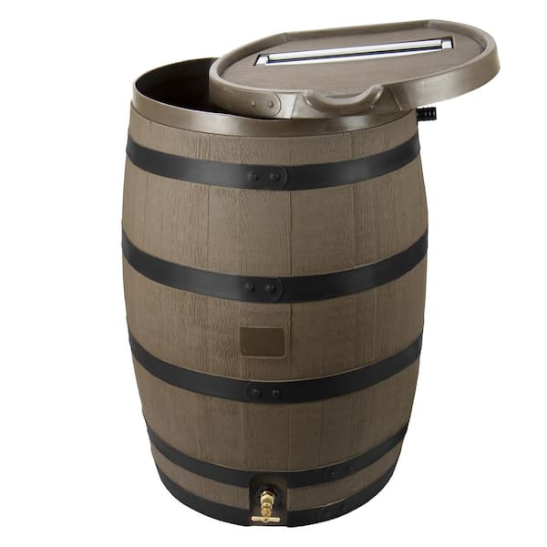 RTS Home Accents 55 Gal. Premium Flat Back Rain Barrel with Removable Lid, Woodgrain with Black Stripes Color