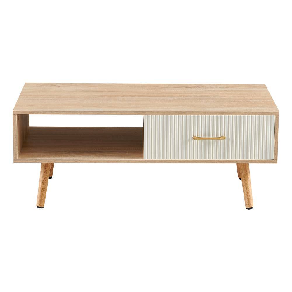 Rectangle Coffee Table with Solid Wood Legs, Sliding Drawer for Storage