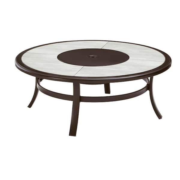 Hampton Bay Whitfield 48 In Round Galvanized Steel Wood Burning Fire Pit Table In Dark Brown With Stone Look Tile Top 3022 Cm4 Fp The Home Depot