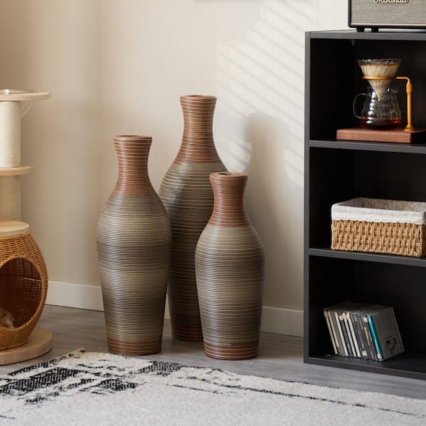 Seafuloy 20 in. 24 in. 28 in. Brown Gray PVC Bottle Floor Vase Trio Textured Modern Tall Vases, Artificial Plant Stand (Set of 3)