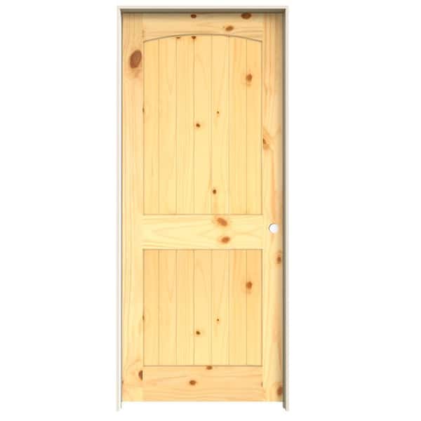 JELD-WEN 36 in. x 80 in. 2-Panel Archtop V-Groove Solid Core Knotty Pine Single Prehung Interior Door with Primed Jamb