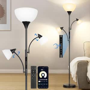 71 in. Black 3-Light Dimmable Torchiere Floor Lamp with White Acrylic Bowl Shades and Remote