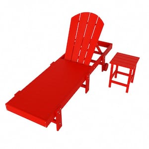 Laguna 2-Piece Fade Resistant HDPE Plastic Adjustable Outdoor Adirondack Chaise with Wheels and Side Table in Red