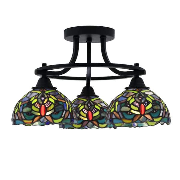Unbranded Madison 3-Light Semi-Flush Shown In Matte Black Finish With 17.5 in. Kaleidoscope Art Glass