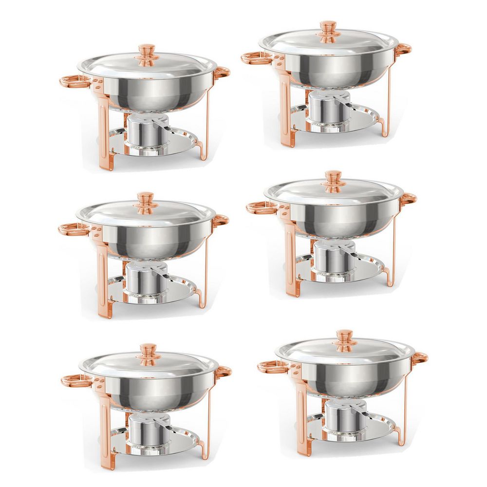 6 Pack 5.3 Qt. Stainless Steel Round Chafing Dish Buffet Set with Food & Water Pan & Gold Stand