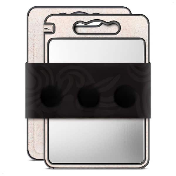 Silver Wheat Straw PP Titanium Metal Cutting Board with Juice Groove Knife Sharpener Garlic Grater Non-slip, 1PCS