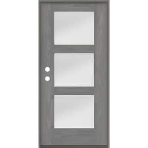 BRIGHTON Modern 36 in. x 80 in. 3-Lite Right-Hand/Inswing Satin Glass Malibu Grey Stain Fiberglass Prehung Front Door