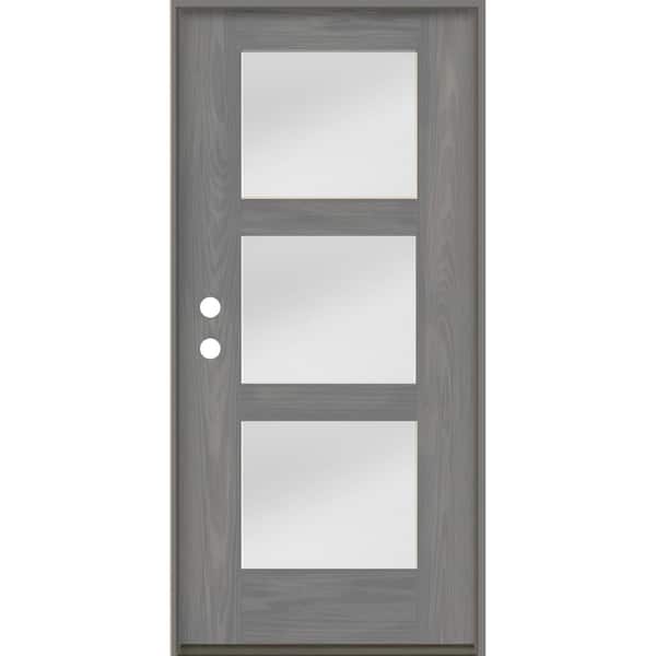 Krosswood Doors BRIGHTON Modern 36 in. x 80 in. 3-Lite Right-Hand/Inswing Satin Glass Malibu Grey Stain Fiberglass Prehung Front Door