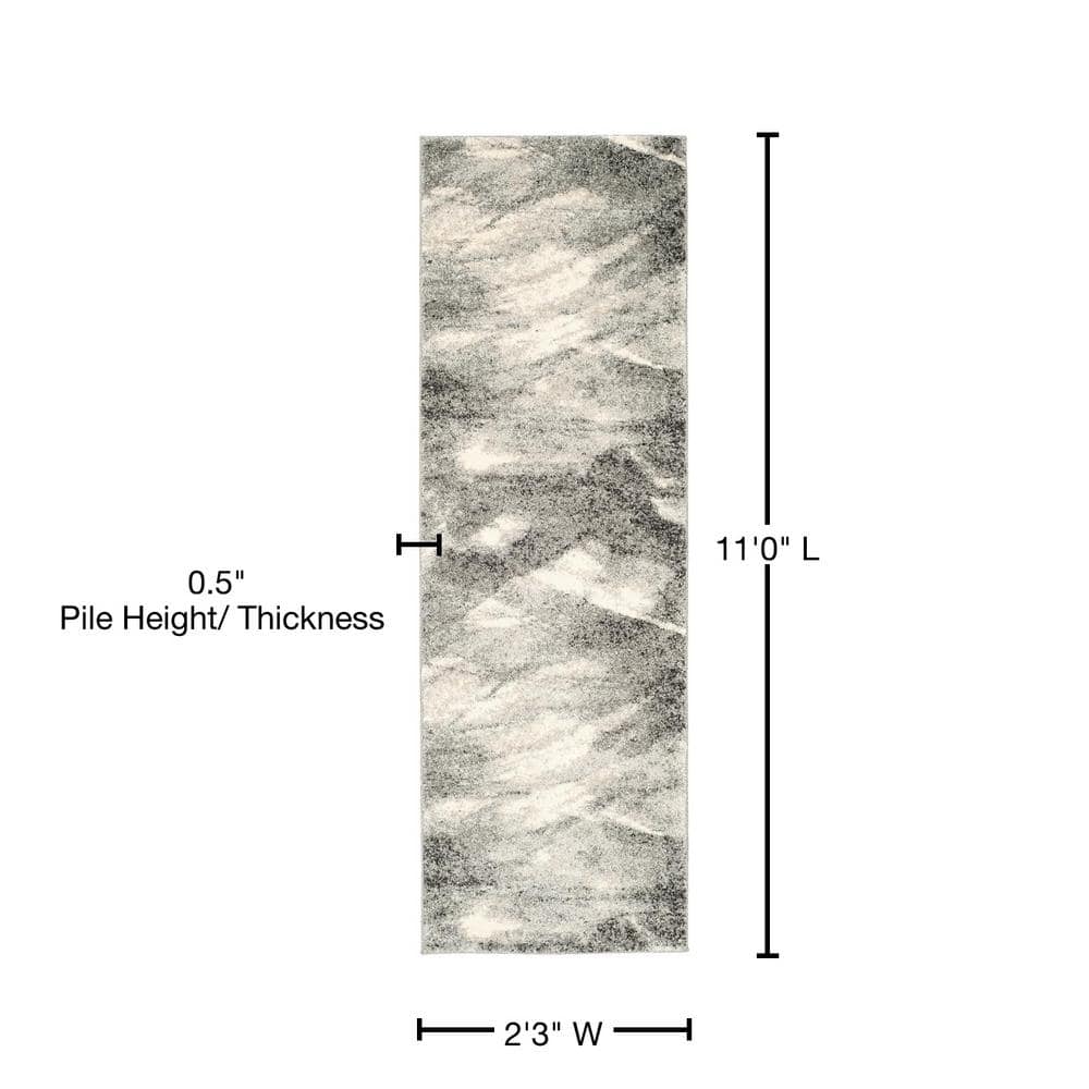 Abstract Grey Ivory Shag 2'3" x 11' Runner Synthetic Rug