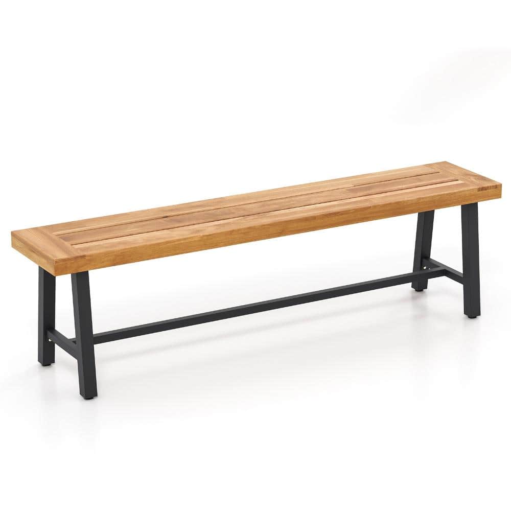 63 in. Acacia Wood and Metal 3-Person Backless Outdoor Bench, Natural and Black