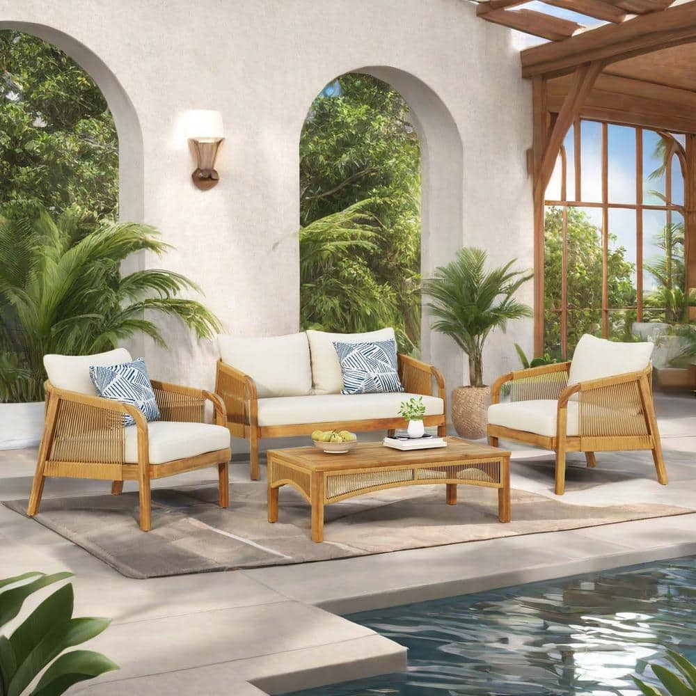 (4-piece set) Brown acacia Wood Outdoor two-person combination sofa Recline