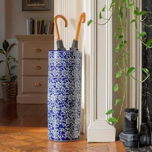 24 in. White Flowers on Blue Umbrella Stand