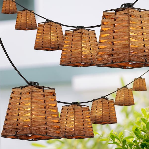 Quinn 10-Light 10 ft. Indoor/Outdoor Plug-In Classic Vintage LED G40 Square Bamboo Shaded Lantern String-Light, Brown
