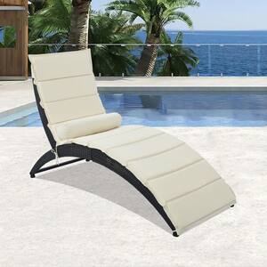 1-Piece Foldable Rattan Black Wicker Patio Outdoor Chaise Lounge Chair with Cushion in Beige