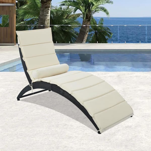 Satico 1-Piece Foldable Rattan Black Wicker Patio Outdoor Chaise Lounge Chair with Cushion in Beige