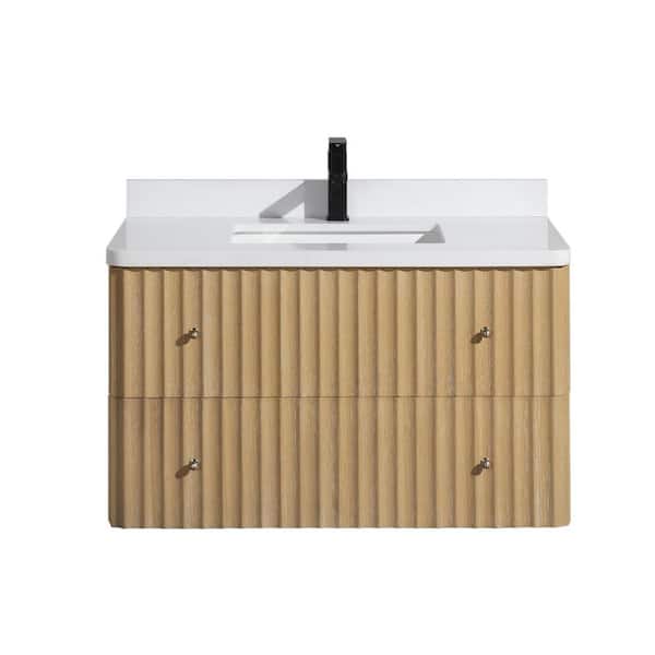 Ari Kitchen and Bath LaJolla 36 in. W x 21 in. D x 22 in. H Single Floating Bath Vanity in Oak w/ Engineered Quartz Top in White White Basin