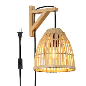 Industrial 5.69 in. Bamboo 1-Light Wood Base Basket Plug in Wall Sconces, Rustic Adjustable Height Pulley Wall Lamp