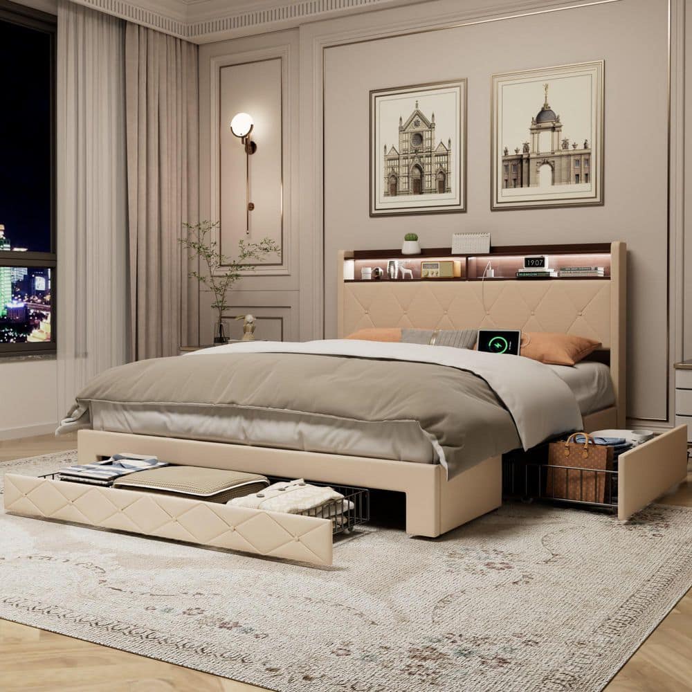 Storage Bed Beige Metal Frame Queen Platform Bed with Power Station, USB Ports and Storage Shelf Headboard, Drawers - thumbnail 4