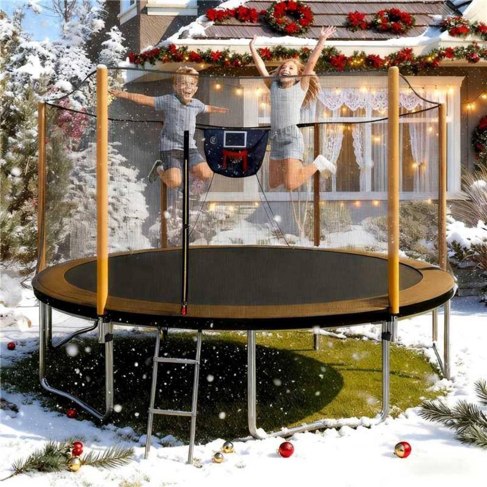 14FT Advanced Trampoline with Basketball Hoop Inflator and Ladder in Orange