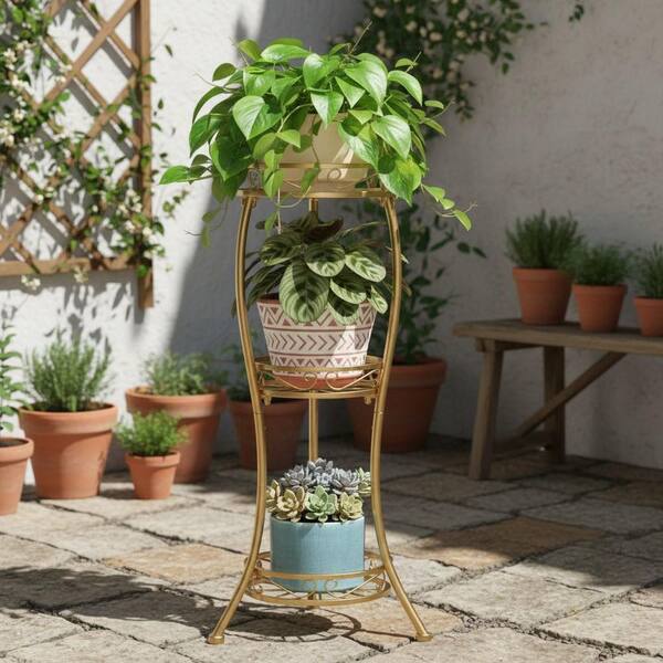 3-Tier Gold Heavy Duty Iron Plant Stand, Flower Planter Holder