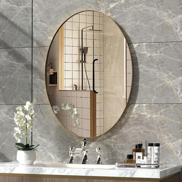 24 in. W x 36 in. H Large Oval Mirror Stainless Steel Framed Mirror Wall Mirrors Bathroom Vanity Mirror in Brushed Gold