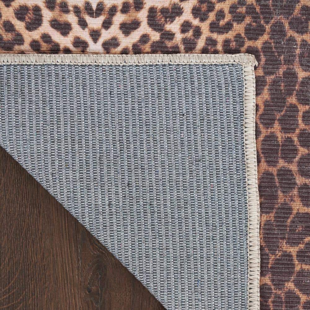 Leopard Print Brown and Beige Rectangular Washable Area Rug