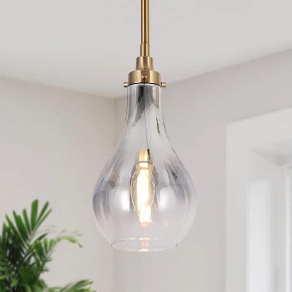 Uolfin Modern Kitchen Island Pendant Light 1-Light Plating Brass Hanging Bedroom Pendant Light with Gradient Smoked Glass shade