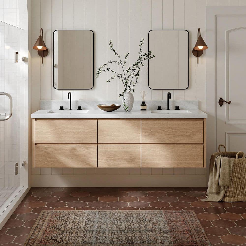 West 72 in. Double Sink Wall-Mounted Bath Vanity in Natural Oak with Carrara White Marble Top price history on PriceWatchPro