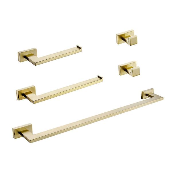 taholi Minimalist style Stainless steel 5 Piece Bath Hardware Set with Towel Bar, Toilet Paper Holder and Hooks in Golden