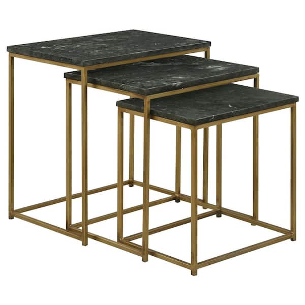 Coaster 20 in. 3-piece Green and Antique Gold Marble Top Nesting Table