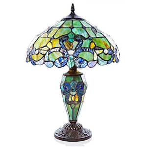 20 in. H Green Stained Glass Table Lamp with Double Lit Magna Carta Shade