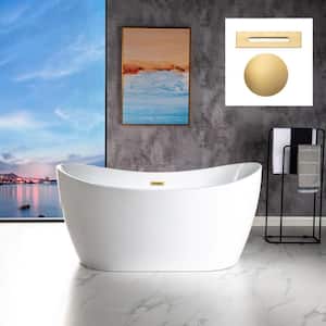 Parsippany 59 in. Acrylic FlatBottom Double Slipper Bathtub with Brushed Gold Overflow and Drain Included in White