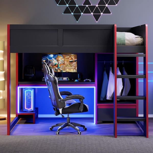 Black Wood Frame Full Size Gaming Loft Bed with Desk, LED Light, Opening Wardrobe, Drawer, Ladder