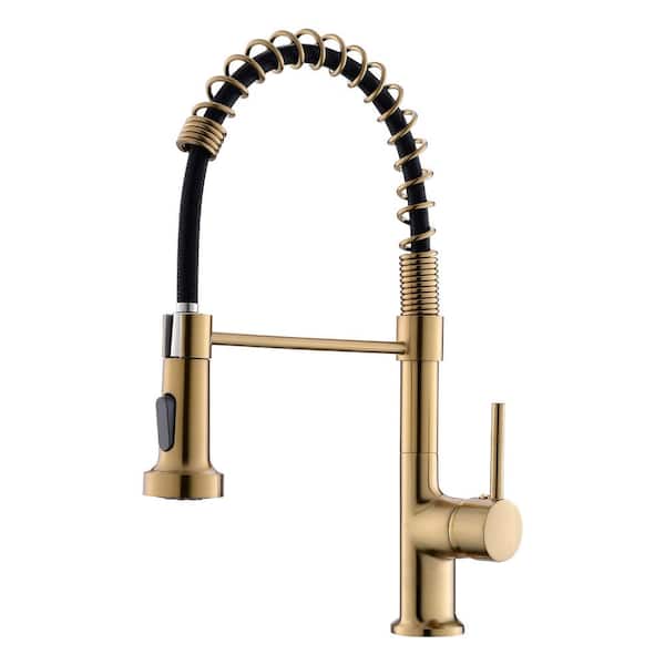 PERLIRIA INC Spring Single Handle Pull Down Sprayer Kitchen Faucet, Modern Kitchen Faucet in Brushed Gold