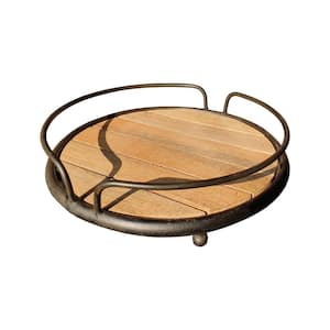 16 in. L x 17 in. W x 5 in. H Round Brown and Black Tubular Metal Frame Tray with Plank Style Wooden Base