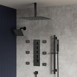 Thermostatic Valve 15-Spray 16 and 6 in. Dual Ceiling Mount Shower Head and Handheld Shower in Matte Black