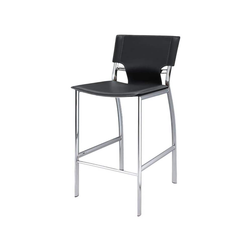 A single black faux leather bar stool with a chrome metal frame.
