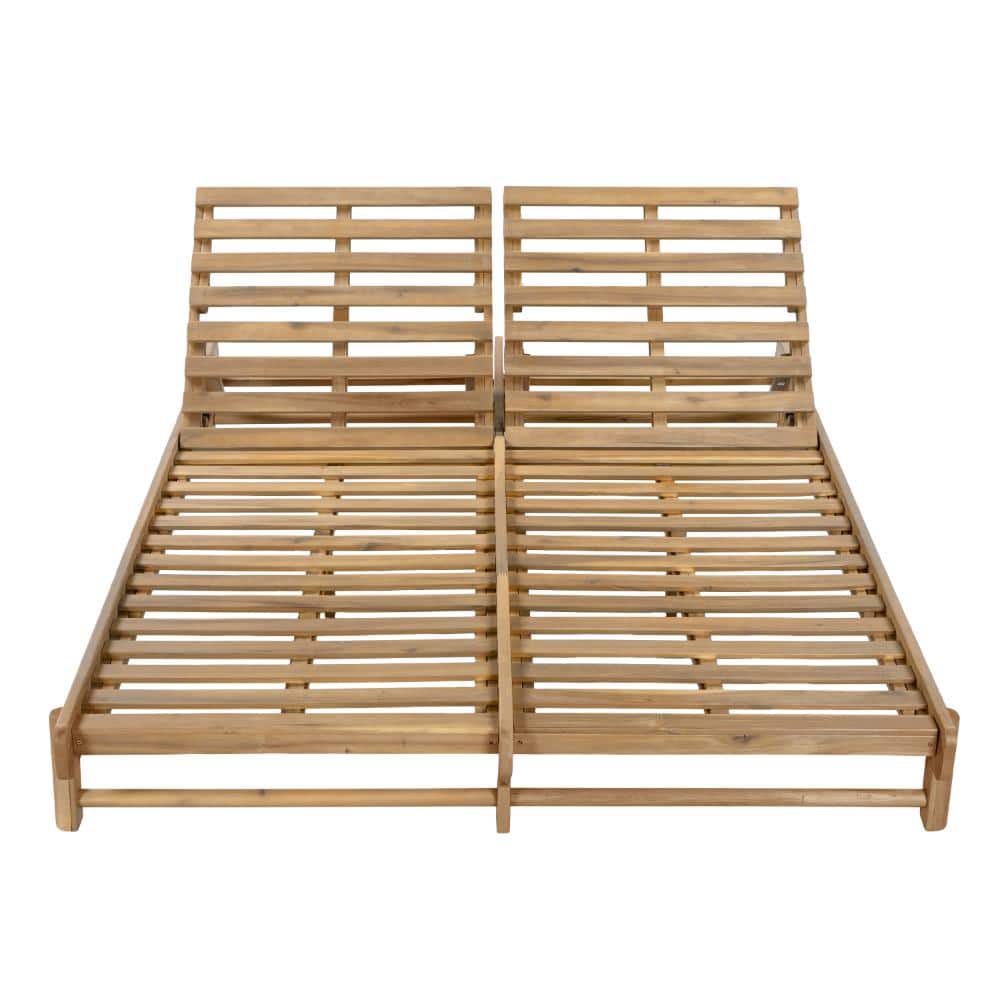 Light Teak Finish Acacia Wood Outdoor Patio Double Chaise Lounger, 400 lbs Capacity, 3-Position Adjustable Backrest