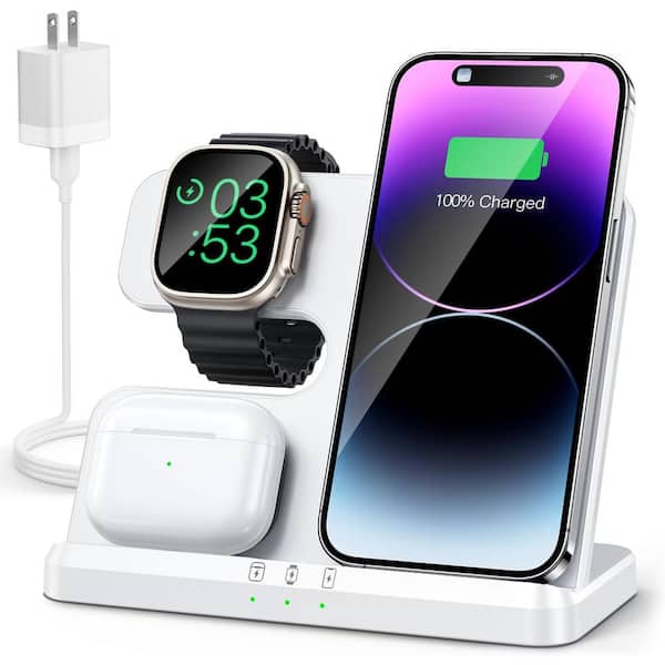 Etokfoks 3 in 1 White Wireless Charging Station Wireless Charger for iPhone/Android, Smart Watch and Airpods