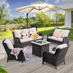 Vincent Brown 5-Piece Wicker Patio Fire Pit Outdoor Seating Sofa Set and with Beige Cushions