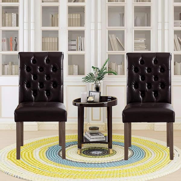 Valence Brown Synthetic Leather Button Tufting Dining Accent Chair Set of 2