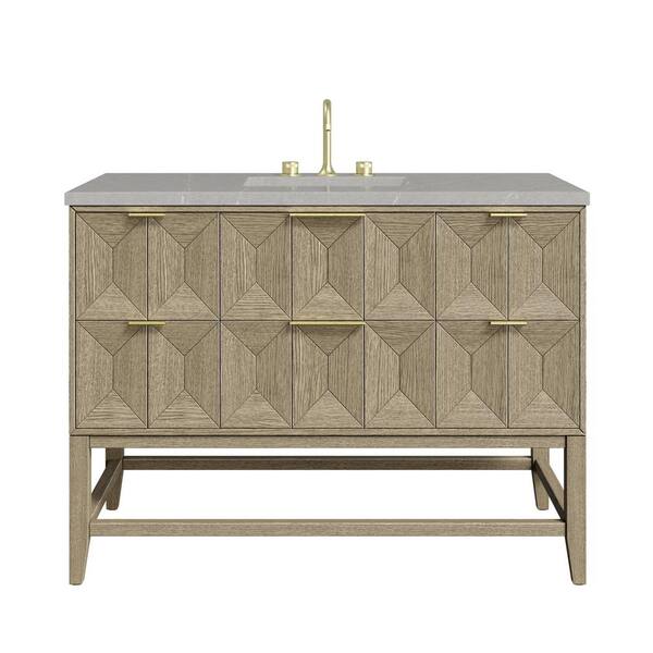 James Martin Vanities Emmeline 48.0 in. W x 23.5 in. D x 36 in. H Single Bathroom Vanity Pebble Oak and Eternal Serena Quartz Top