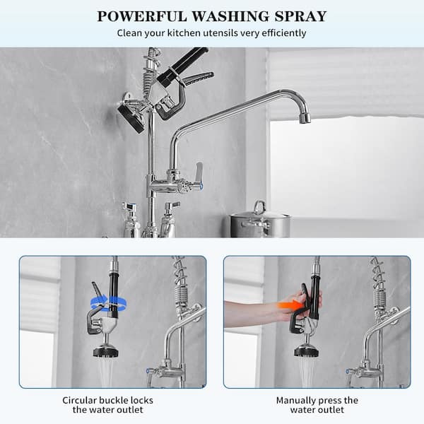 Commercial Restaurant Pull Down Double Handle Wall Mount Spray Standard Kitchen Faucet in Polished Chrome