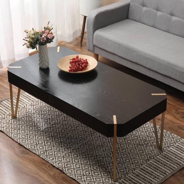 LuxenHome 46 in. Black Brass Large Rectangle Wood Coffee Table WHIF787