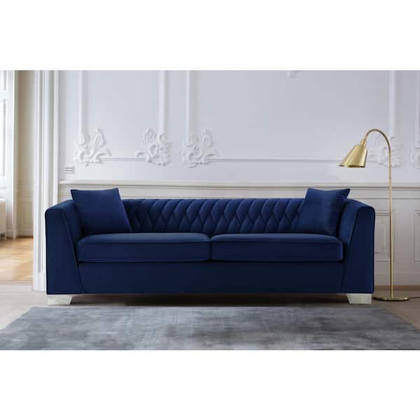 Armen Living Cambridge Blue Velvet Contemporary Sofa in Brushed Stainless Steel